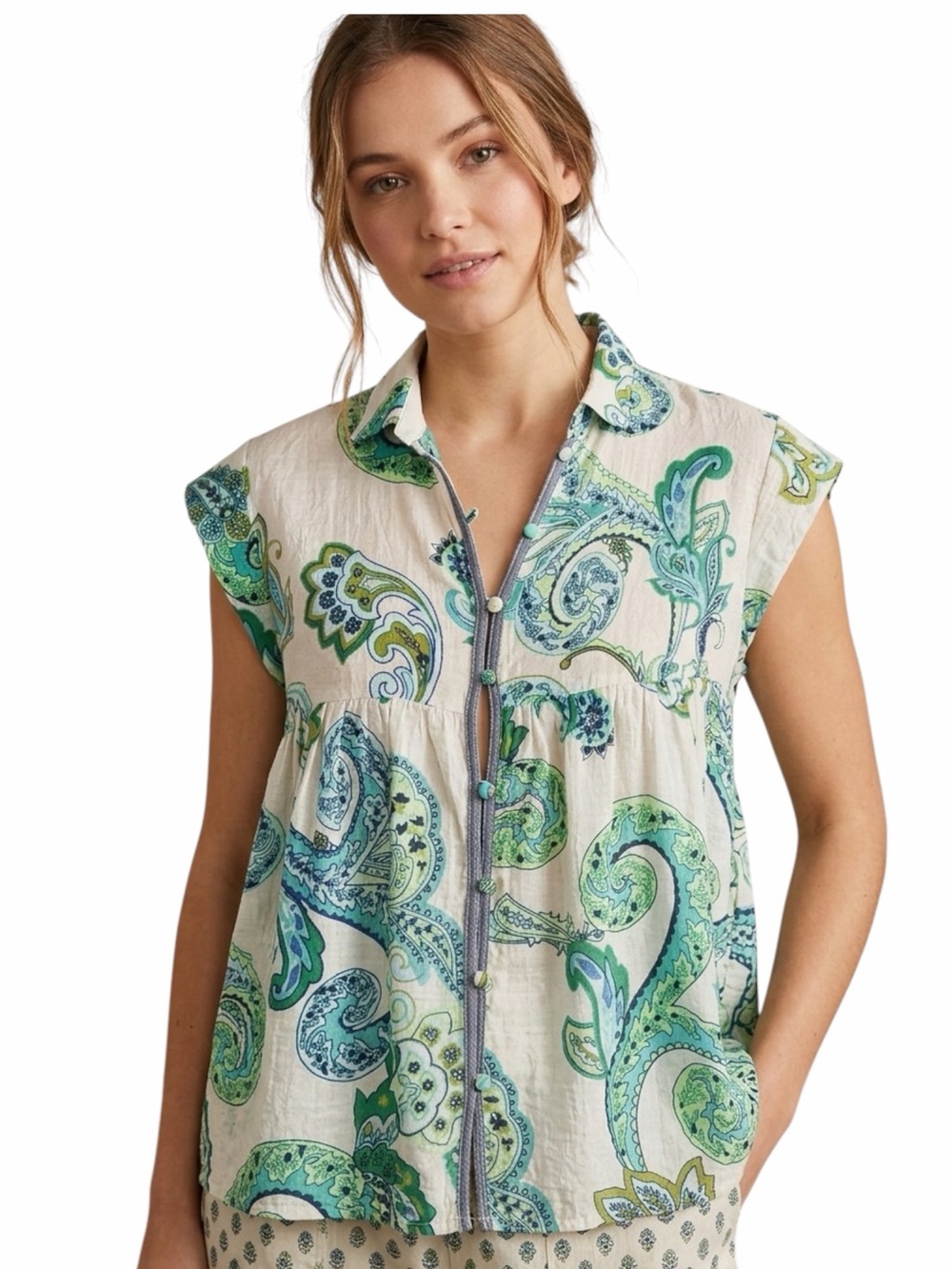 THML Green & White Paisley Cap Sleeve Button-Front Top Size XS (oversized)